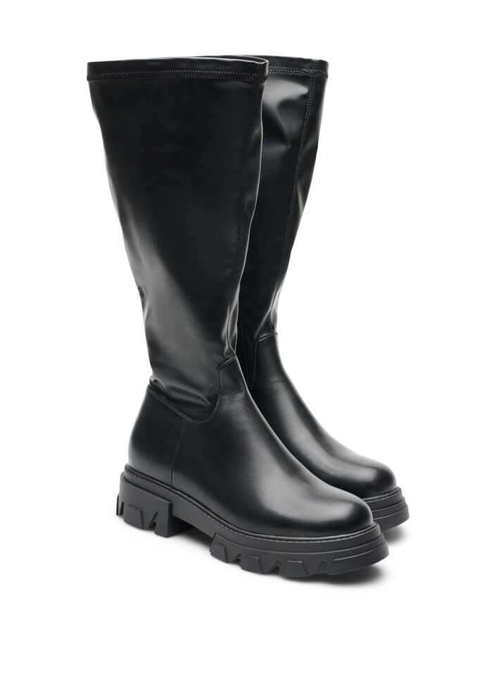Dlugie buty ze sztucznej sk&oacute;ry ze sztywna podeszwa, Czarne, Packshot image number 1