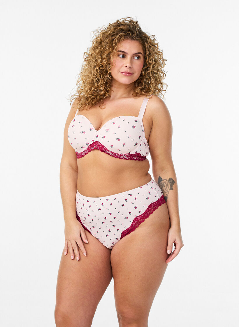 Figi brazylijskie z kwiatowym nadrukiem i koronka, R&oacute;żowy, Model image number 1