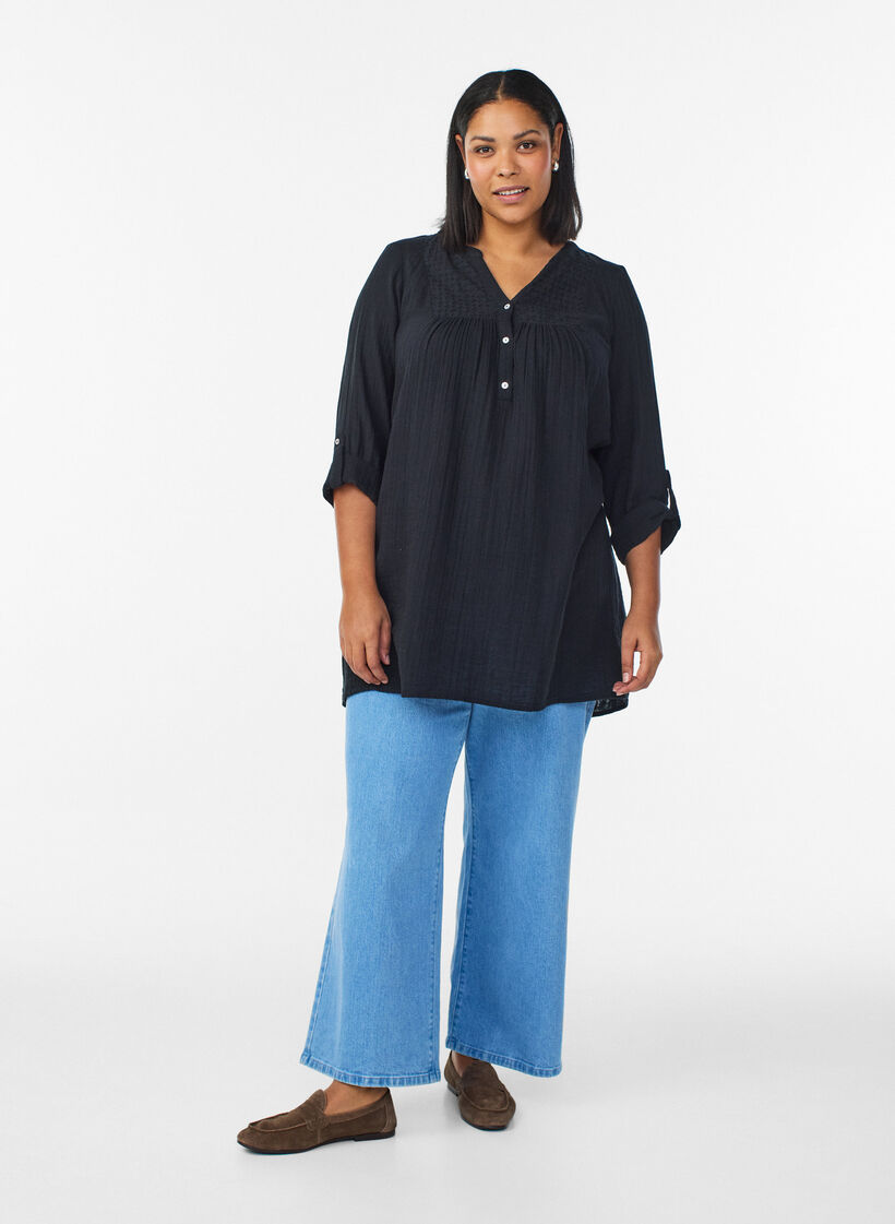 Tunika z bawelnianej, muslinowej tkaniny z haftem angielskim, Czarne, Model image number 1