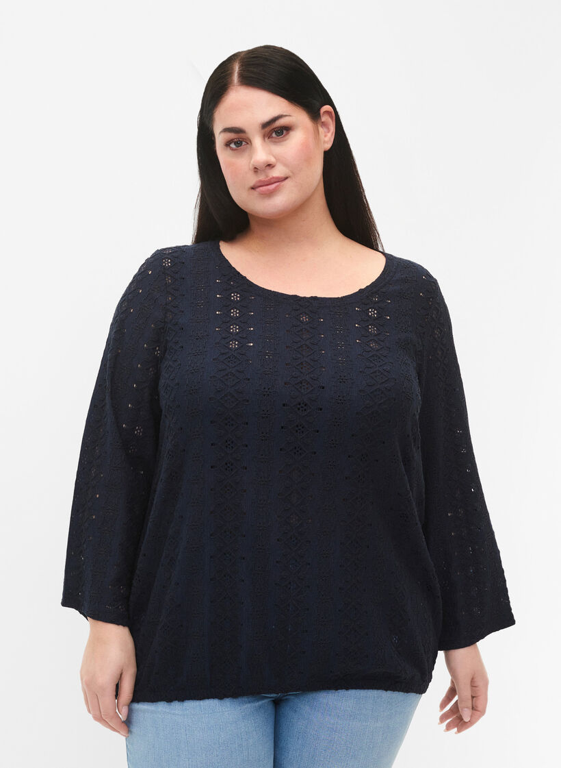 Bluzka z haftem angielskim i rekawami 7/8, Navy Blazer, Model image number 0