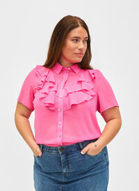 Bluzka koszulowa z krótkim rekawem i falbanami, Pink Power, Model