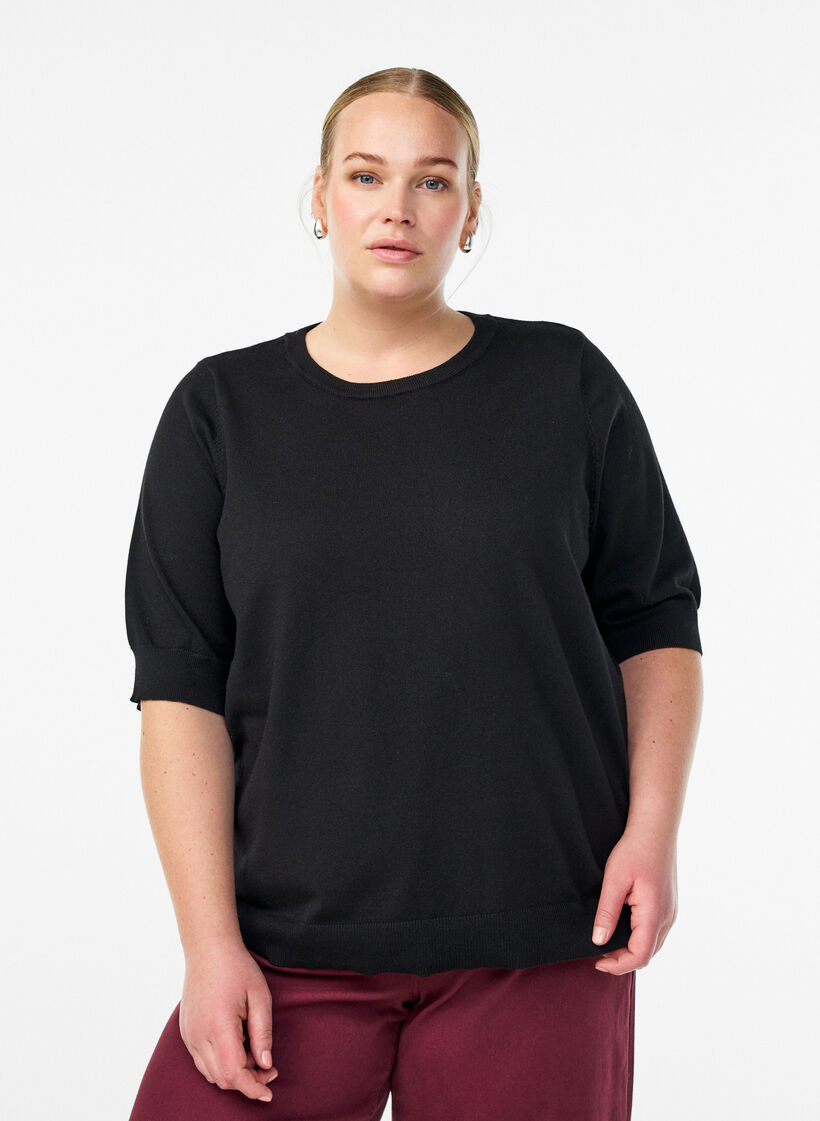 Cienko dzianinowa bluzka z kr&oacute;tkimi rekawami, Czarne, Model image number 0