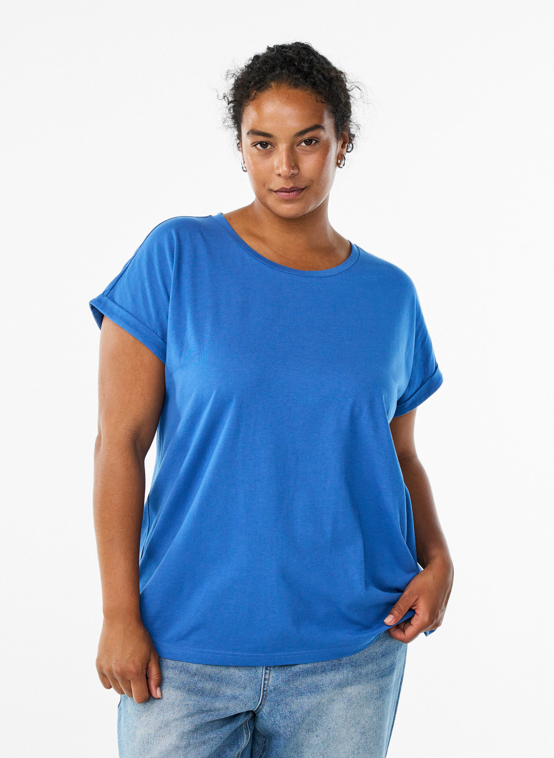 T-shirt z kr&oacute;tkim rekawem z mieszanki bawelny, Niebieskie, Model