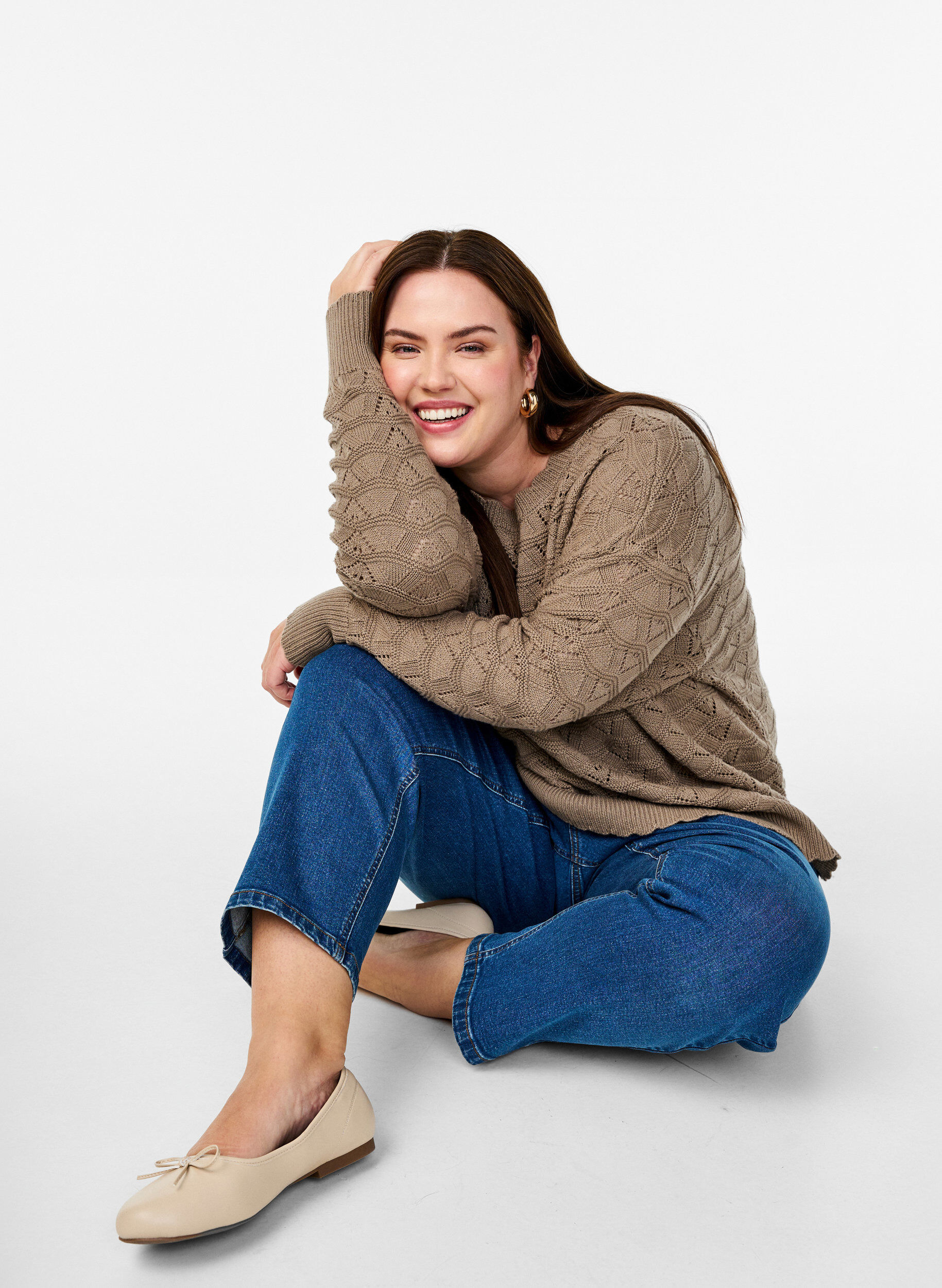 Zizzi Dzianinowa bluzka z dlugim rekawem i azurowym wzorem, Desert Taupe, Image image number 0