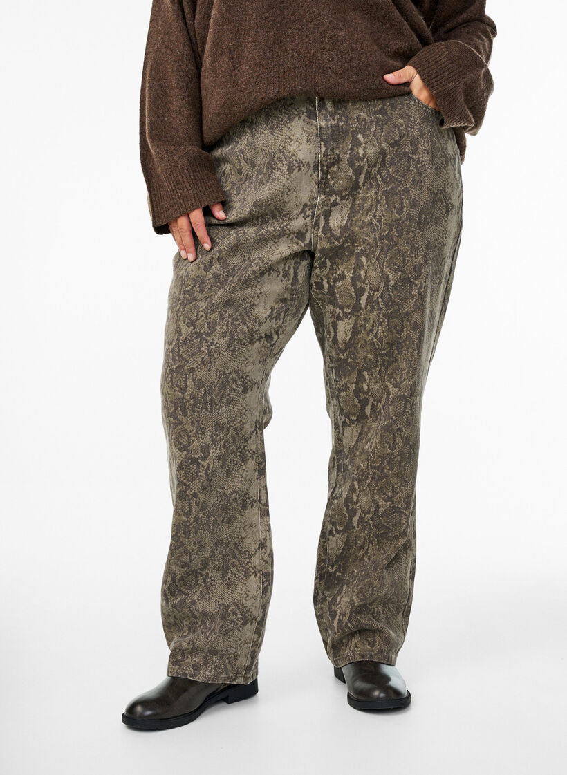 Jeansy Gemma z wysoka talia i wzorem imitujacym skóre weza, Brązowy, Model image number 2