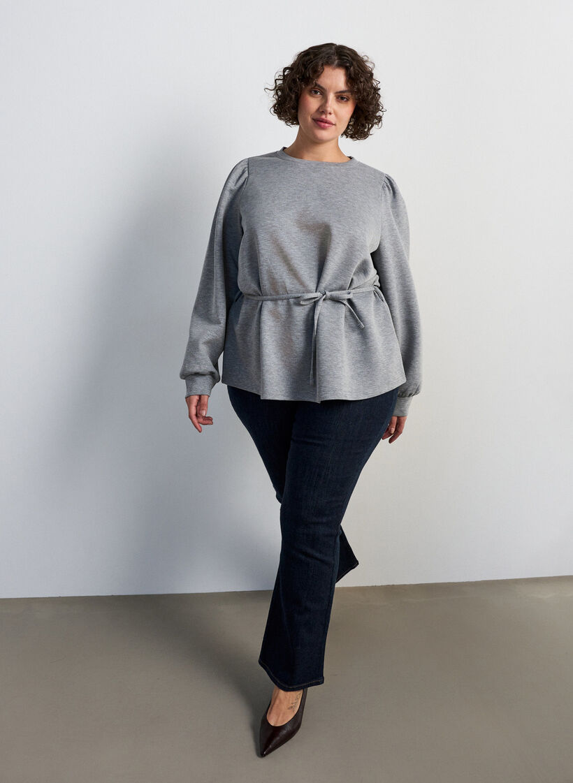 Bluzka z wiazaniem i bufiastymi rekawami, Szary, Model image number 1