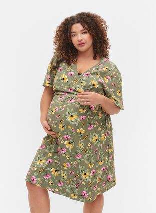 Kopertowa sukienka ciazowa z wiskozy, Green Flower Print, Model image number 0