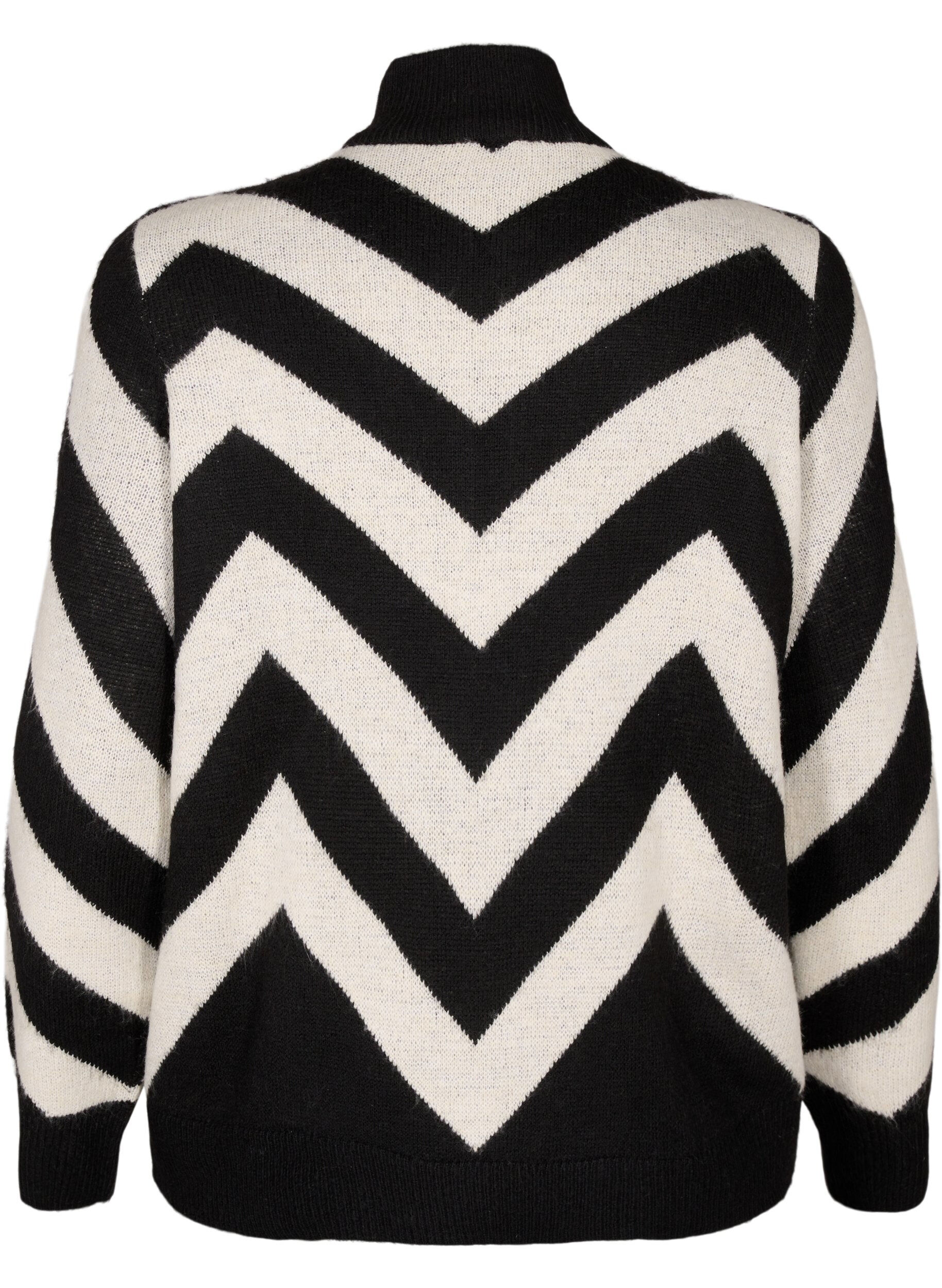 Zizzi Dzianinowy sweter z golfem i suwakiem, Black Birch Stripe, Packshot image number 1