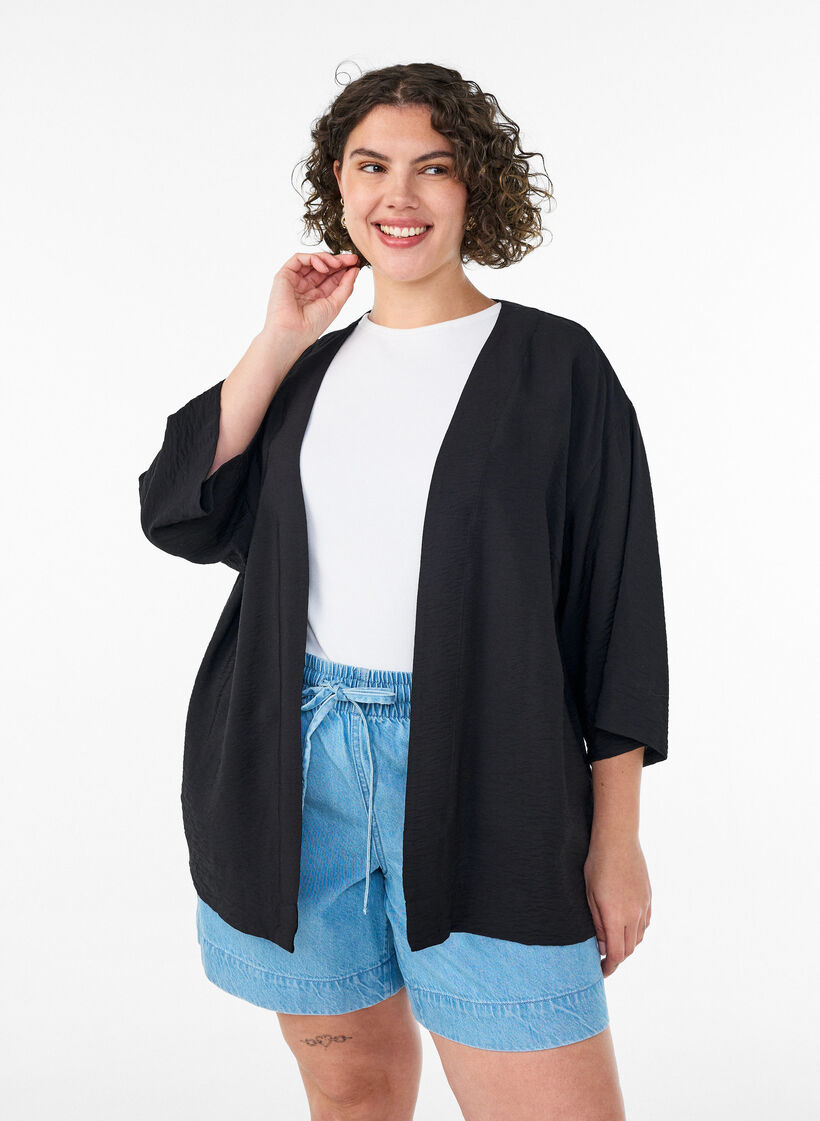 Kr&oacute;tkie kimono z wiskozy z rekawami 3/4, Czarne, Model image number 0