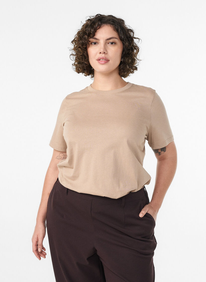 Podstawowa koszulka bawelniana z okraglym dekoltem, Beżowy, Model image number 0