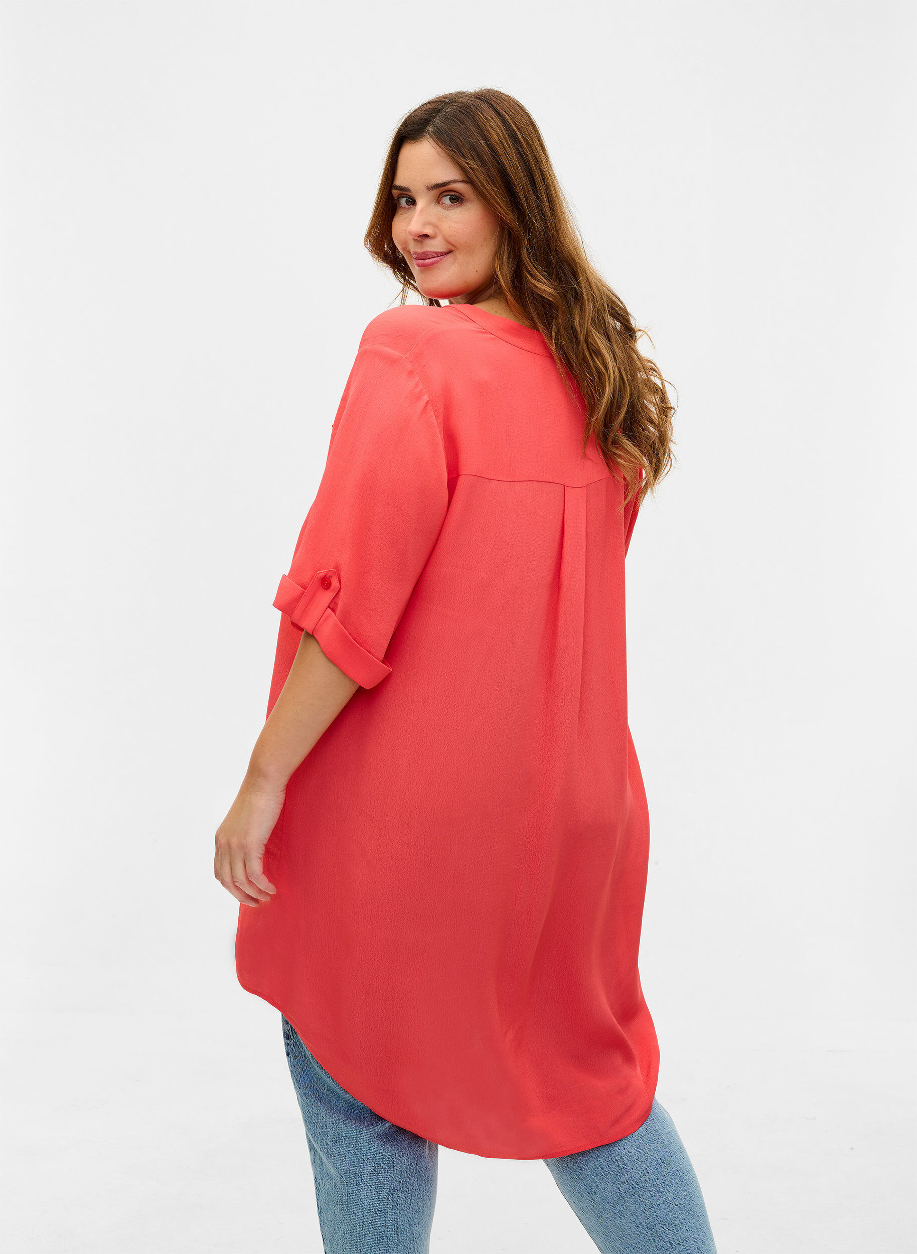 Zizzi Viscose tunic with short sleeves, Hot Coral, Model image number 1