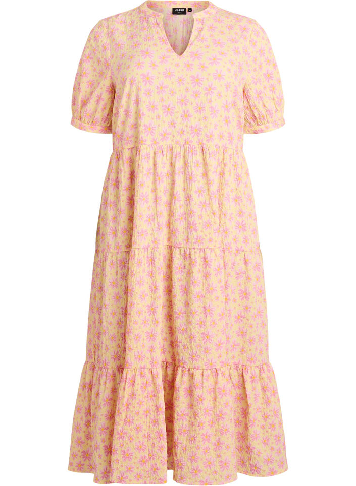 Sukienka do kostek z kr&oacute;tkimi rekawami i warstwowymi falbankami, Ż&oacute;łty, Packshot image number 0