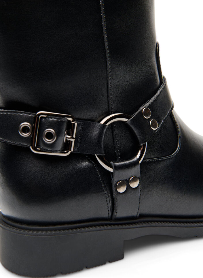 Wysokie buty sk&oacute;rzane z ozdobnymi klamrami, Czarne, Packshot image number 2