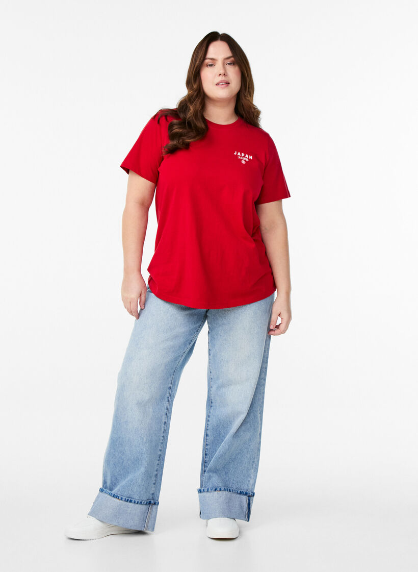 T-shirt z nadrukiem tekstowym i okraglym dekoltem, Czerwony, Model image number 1