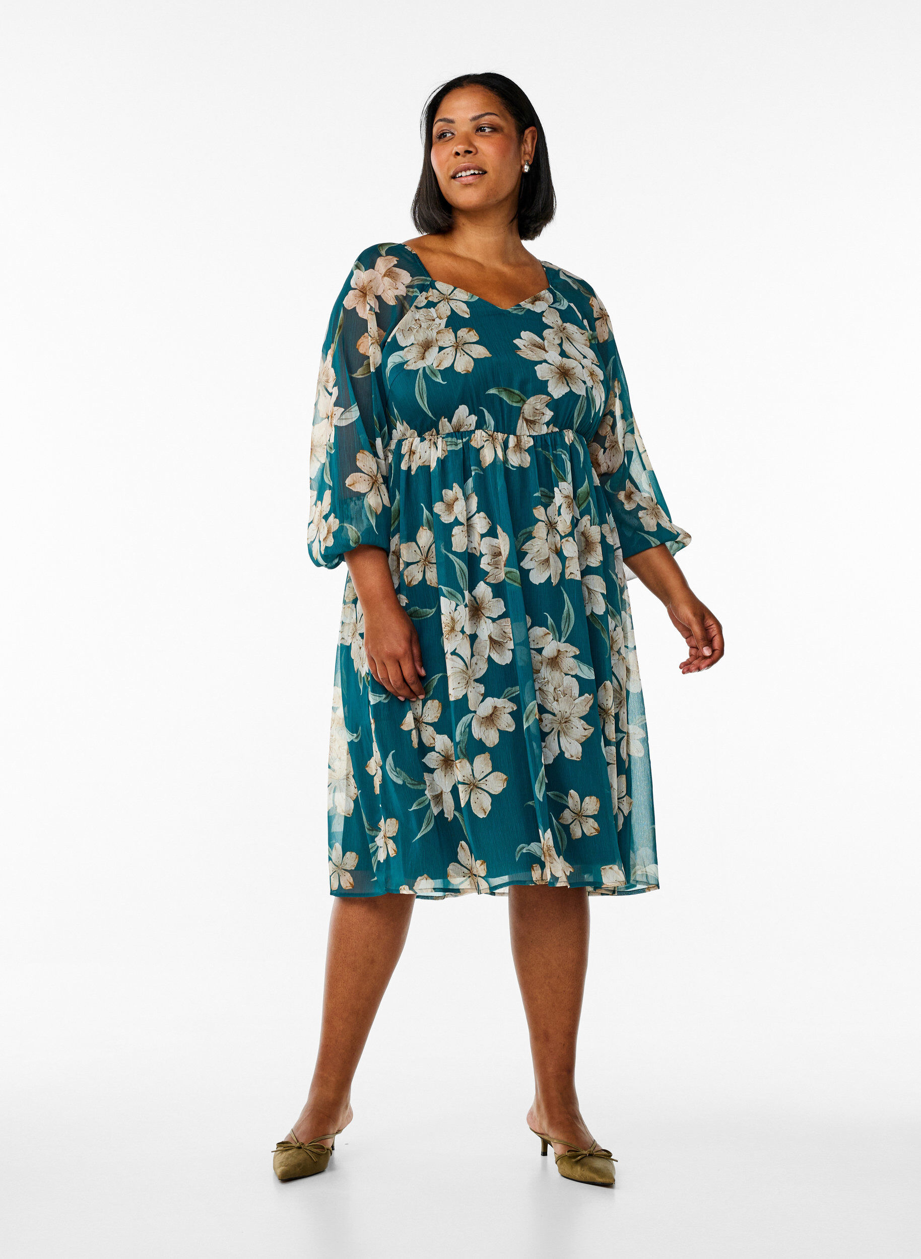 Zizzi Szyfonowa sukienka imprezowa z dlugim rekawem, Zielony, Model image number 1