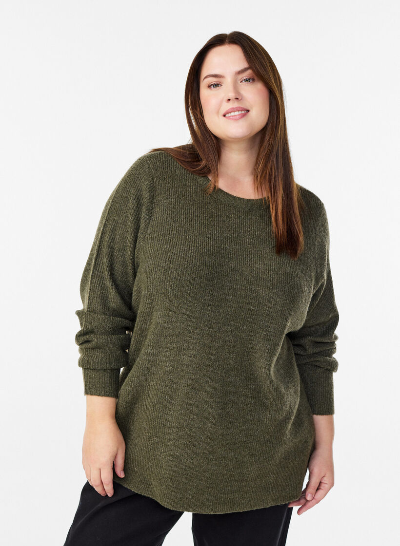 Melanzowa dzianinowa bluzka z okraglym dekoltem, Zielony, Model image number 0