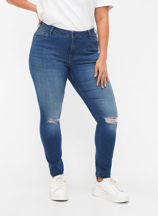 Bardzo waskie jeansy Sanna z przetarciami, Blue denim, Model image number 2