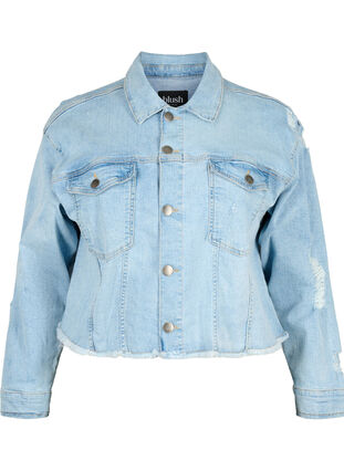 Krótka kurtka jeansowa z niepokojacymi detalami, Light Blue Denim, Packshot image number 0