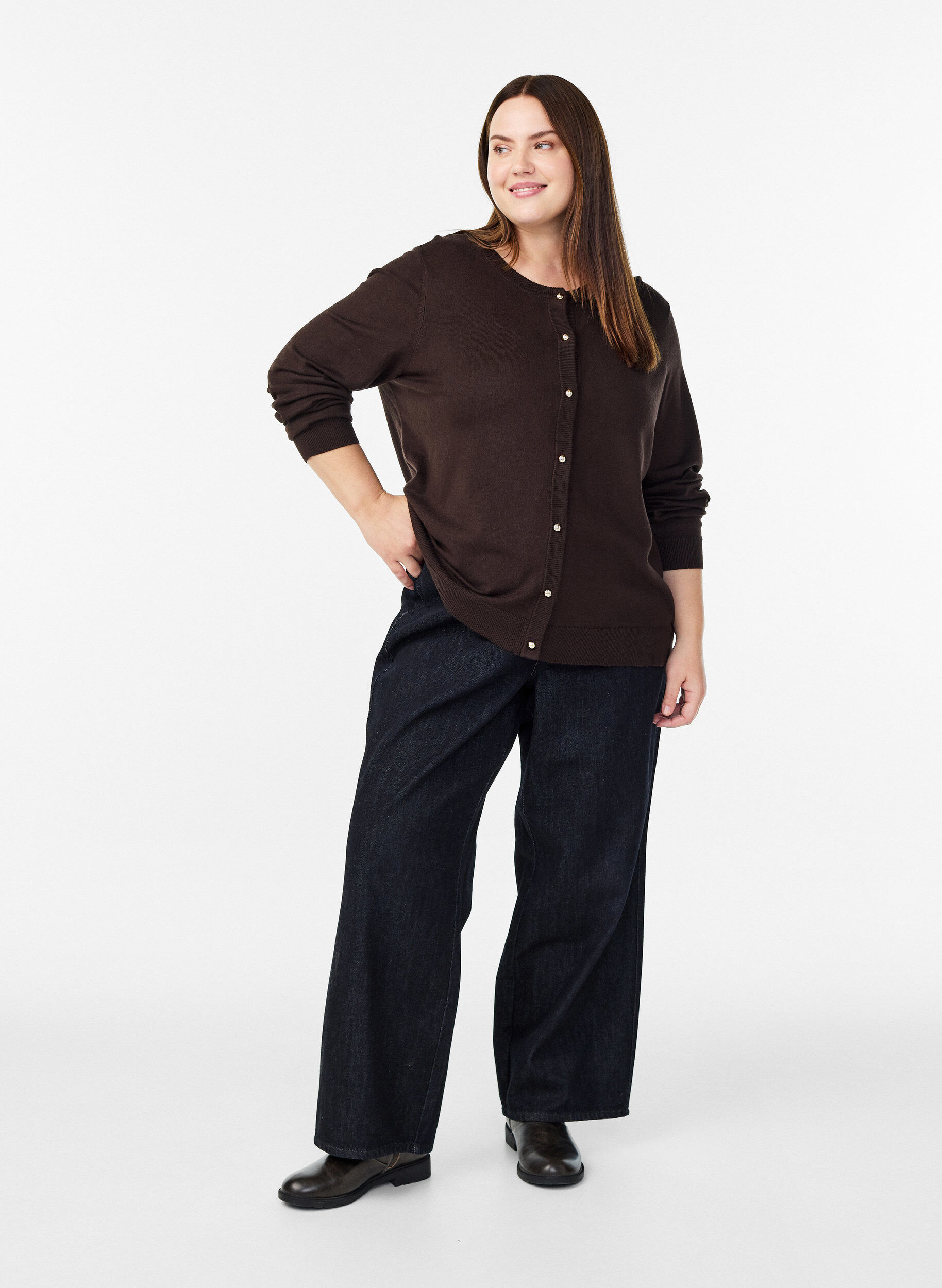 Zizzi Cienki kardigan z guzikami kulkowymi, Brązowy, Model image number 1