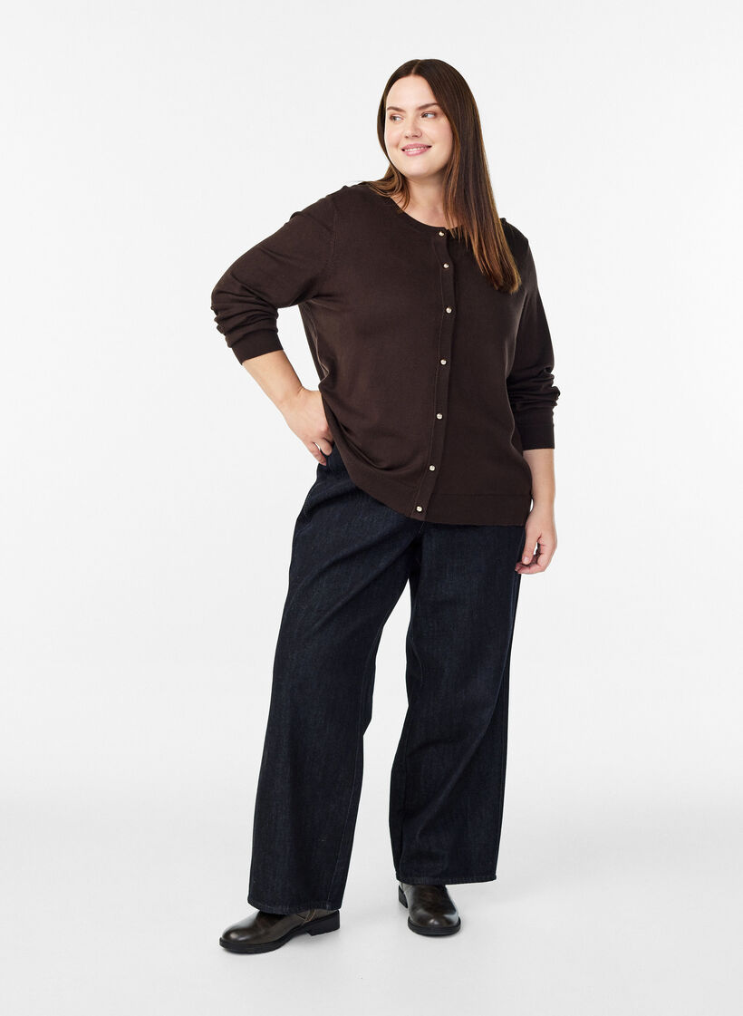 Cienki kardigan z guzikami kulkowymi, Brązowy, Model image number 1