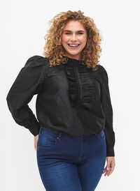 Blyszczaca bluzka koszulowa z falbanami, Black, Model