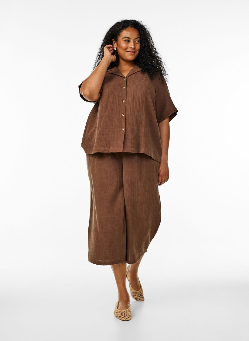 Koszulka z bawelnianego muslinu z krótkim rekawem, Brązowy, Model image number 1