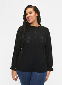 Bluzka w jednolitym kolorze z falbanami i wzorem, Black, Model