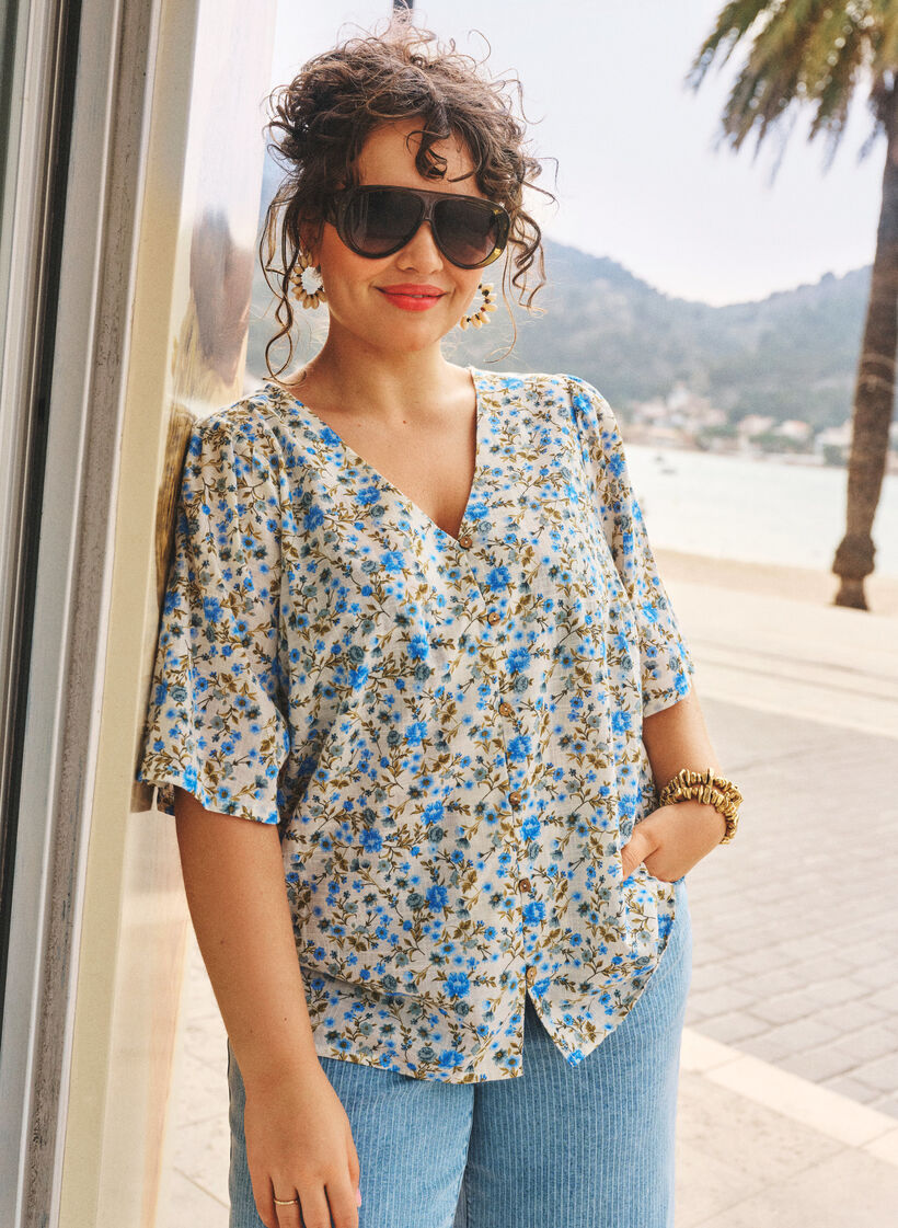 Koszula bawelniana z kr&oacute;tkim rekawem i dekoltem w ksztalcie litery V, Niebieskie, Image image number 0