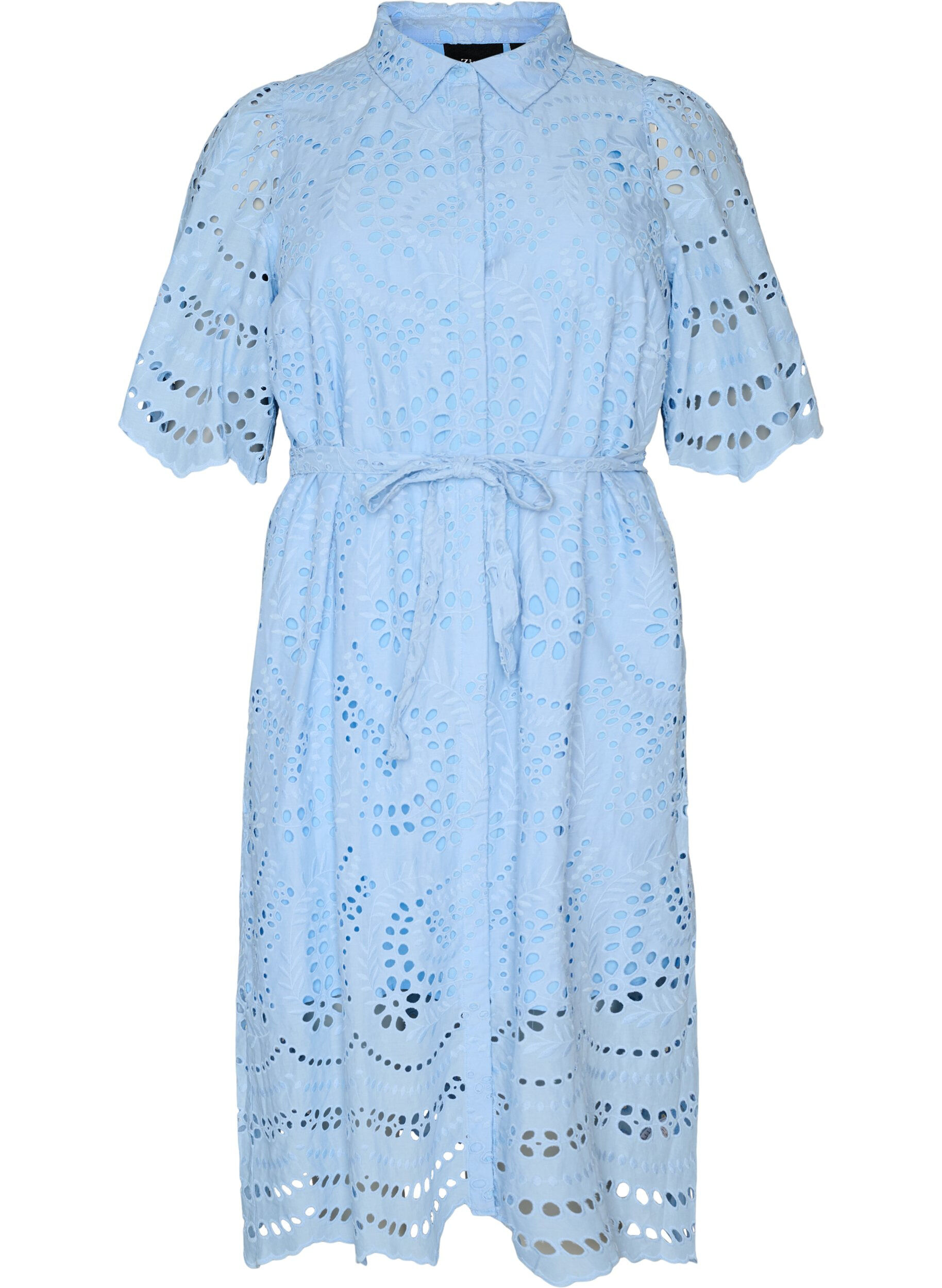 Sukienka-koszulka w stylu broderie anglaise z pasem do wiazania