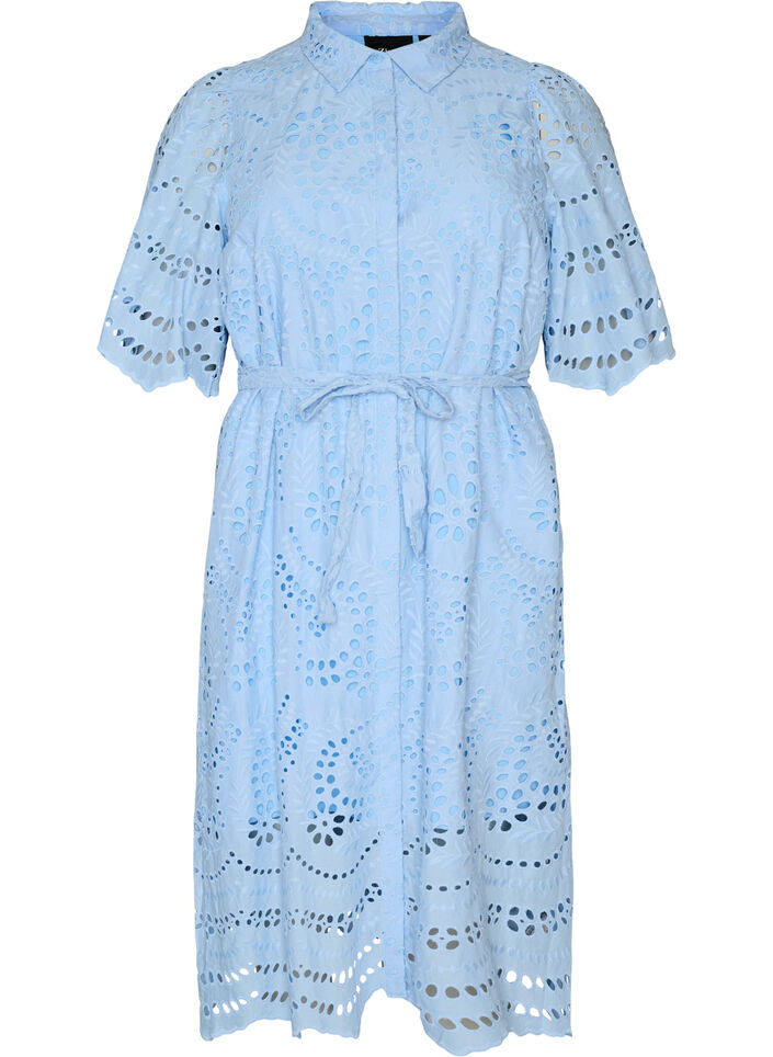 Sukienka-koszulka w stylu broderie anglaise z pasem do wiazania, Niebieskie, Packshot image number 0