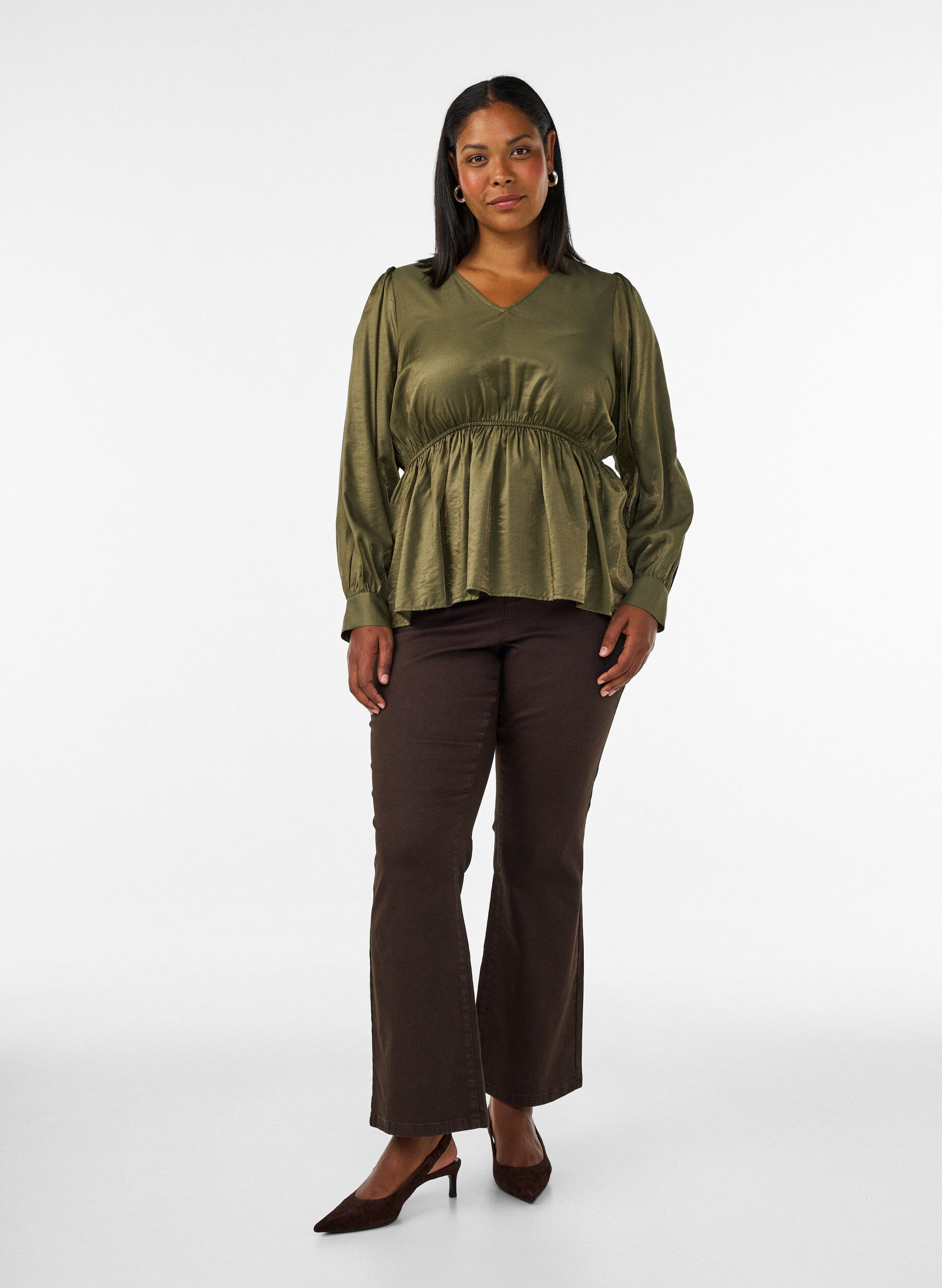 ZizziBlyszczaca bluzka z wiskozy z efektem peplum, Zielony, Model image number 1