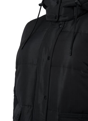 Dluga kurtka puchowa z kieszeniami i kapturem, Black, Packshot image number 2