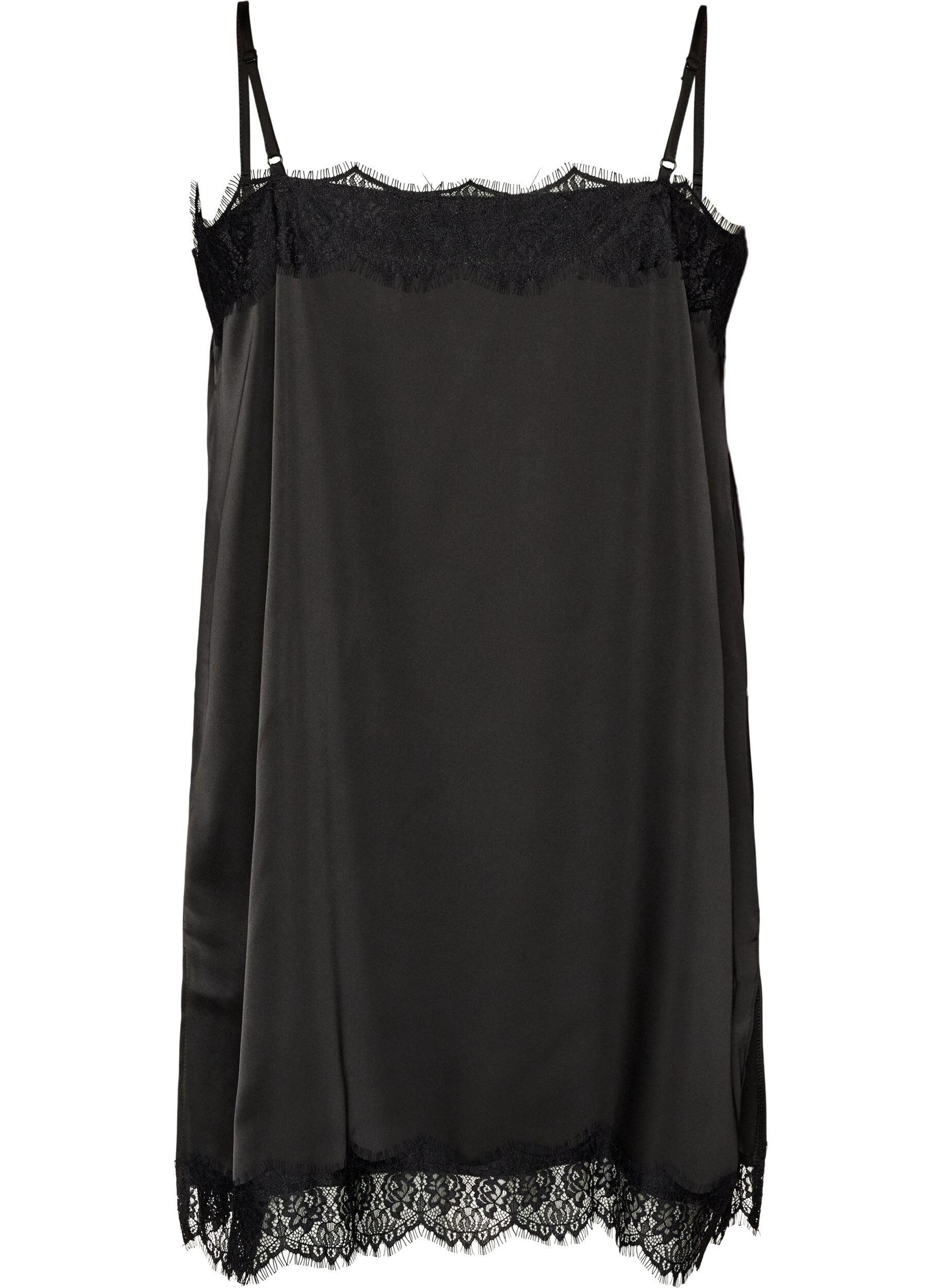 ZizziLong satin top with lace edges, Black, Packshot image number 1