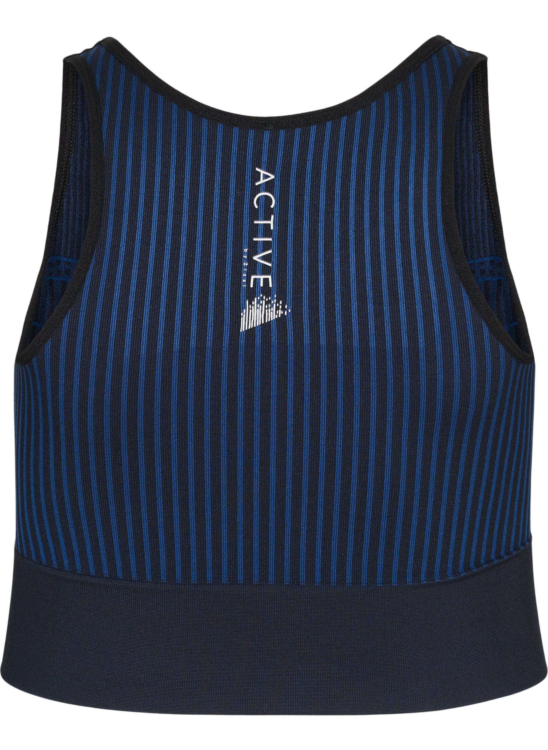 Zizzi Seamless sports bra with stripes, Black w. Blue Depths, Packshot image number 1