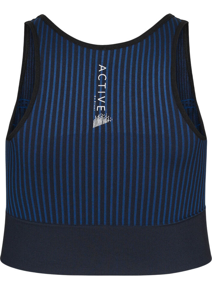 Seamless sports bra with stripes, Black w. Blue Depths, Packshot image number 1