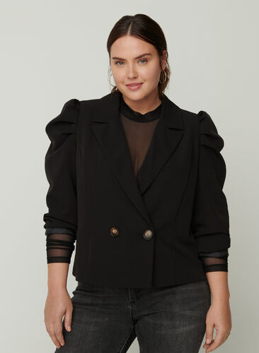 Short blazer with long puff sleeves, Black, Model image number 0