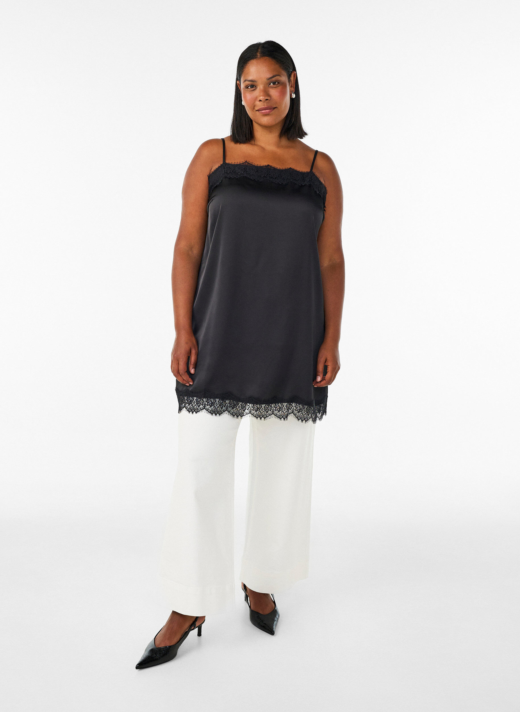 ZizziLong satin top with lace edges, Black, Model image number 1