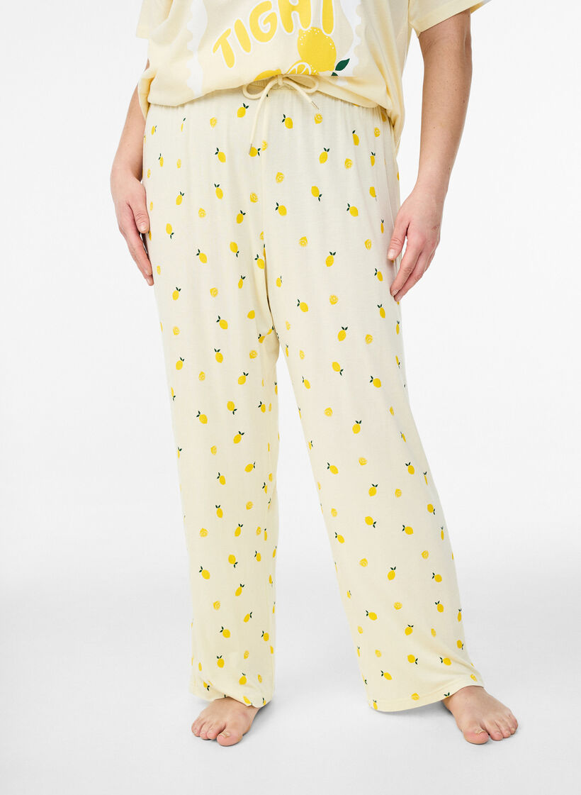 Spodnie pizamowe z miekkiego dzianiny z wysoka talia i nadrukiem z owocami, Ż&oacute;łty, Model image number 2