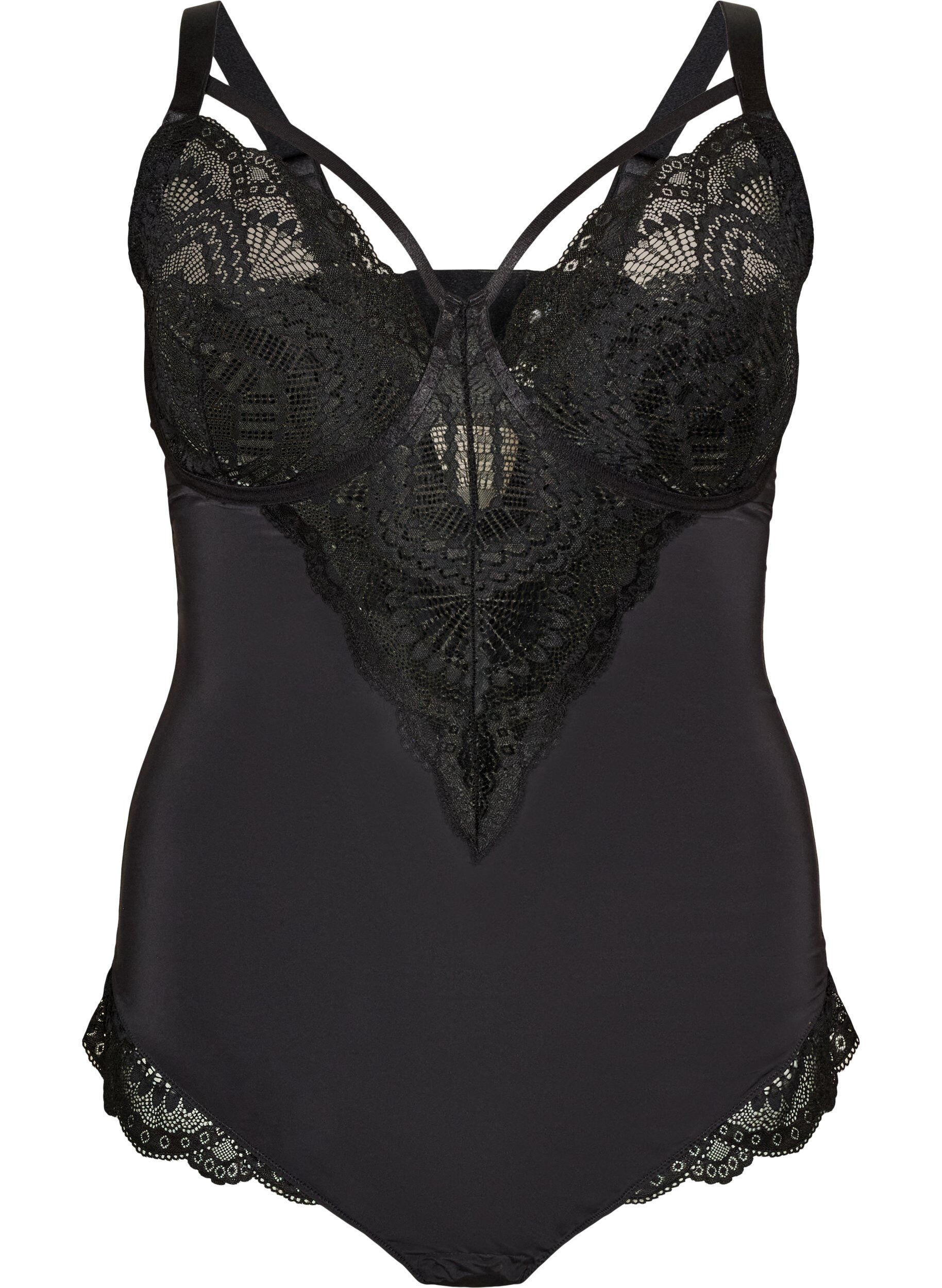 ZizziKoronkowe body z fiszbinami i ozdobnymi paseczkami, Czarne, Packshot image number 0