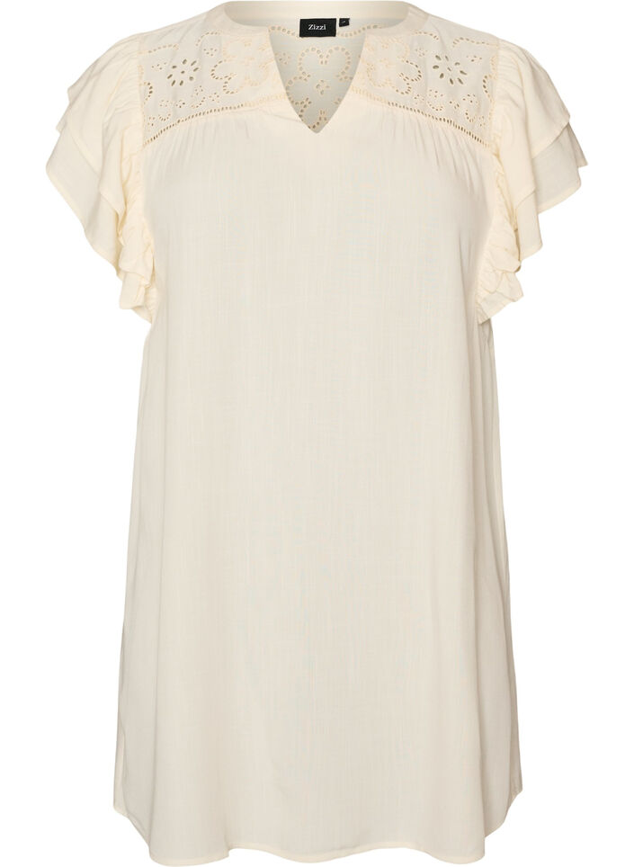 Tunika z broderie anglaise i rekawami z falbana, Beżowy, Packshot image number 0