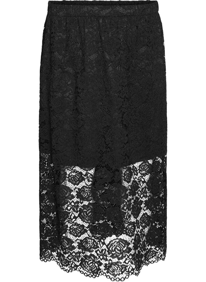 Spodniczka midi z koronki z elastyczna talia, Czarne, Packshot image number 0