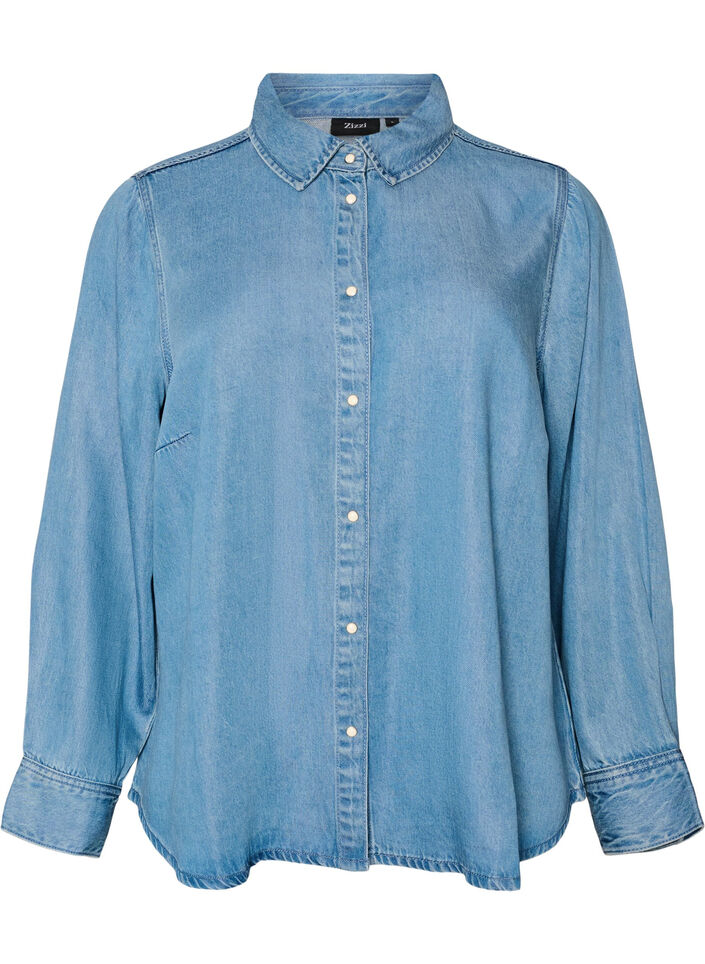 Koszula z denimu z lyocellu zapinana na zatrzaski, Niebieskie, Packshot image number 0