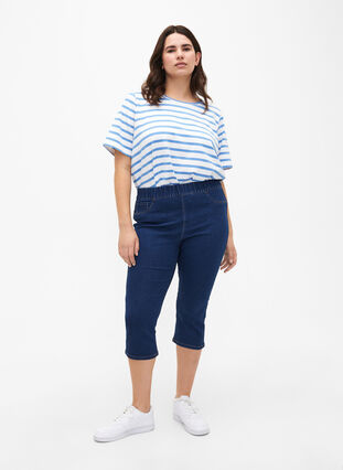Jeansowe spodnie 3/4 z elastycznym paskiem, Dark Blue Denim, Model image number 3
