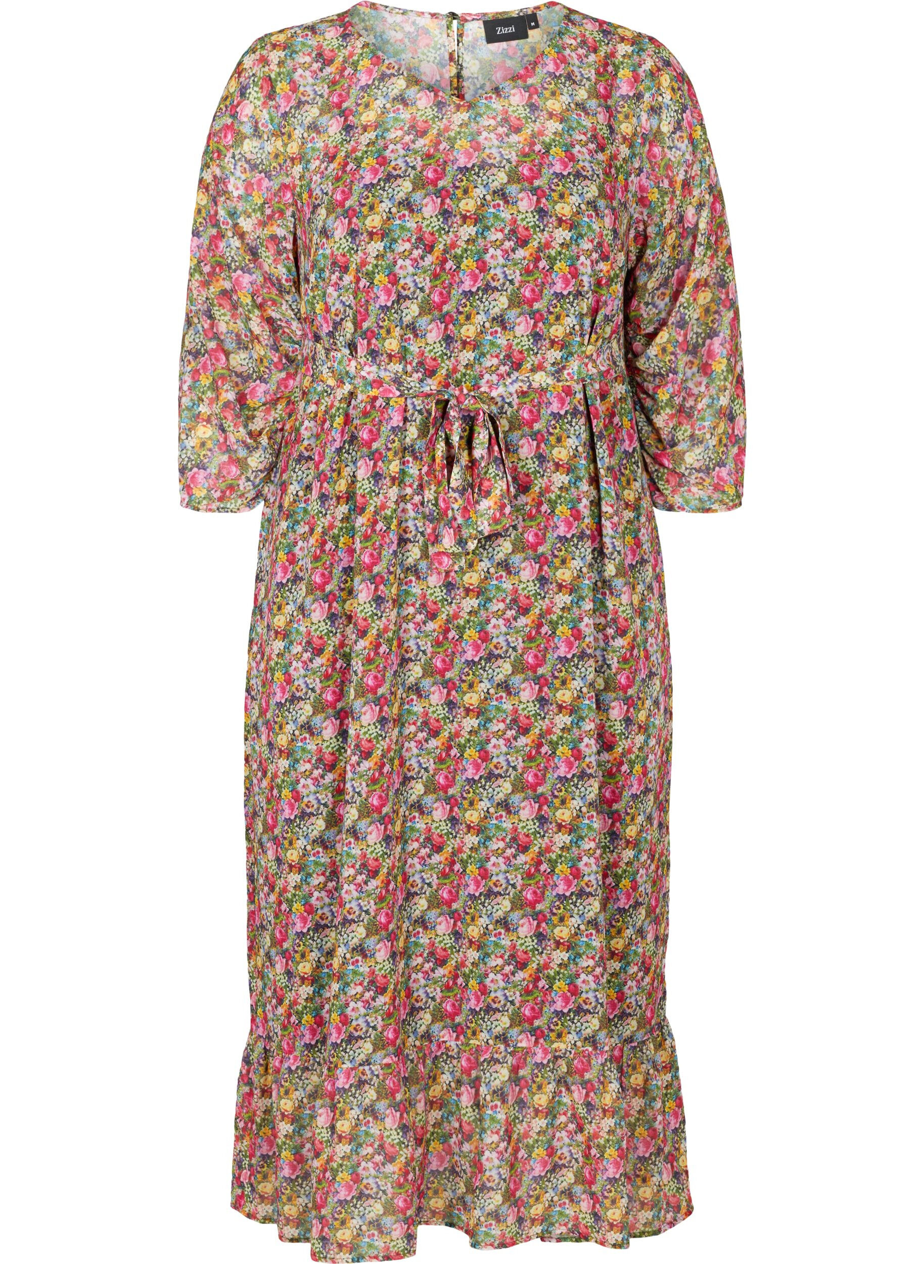 Zizzi Floral midi dress with a tie belt in the waist, Pink Flower AOP, Packshot image number 0
