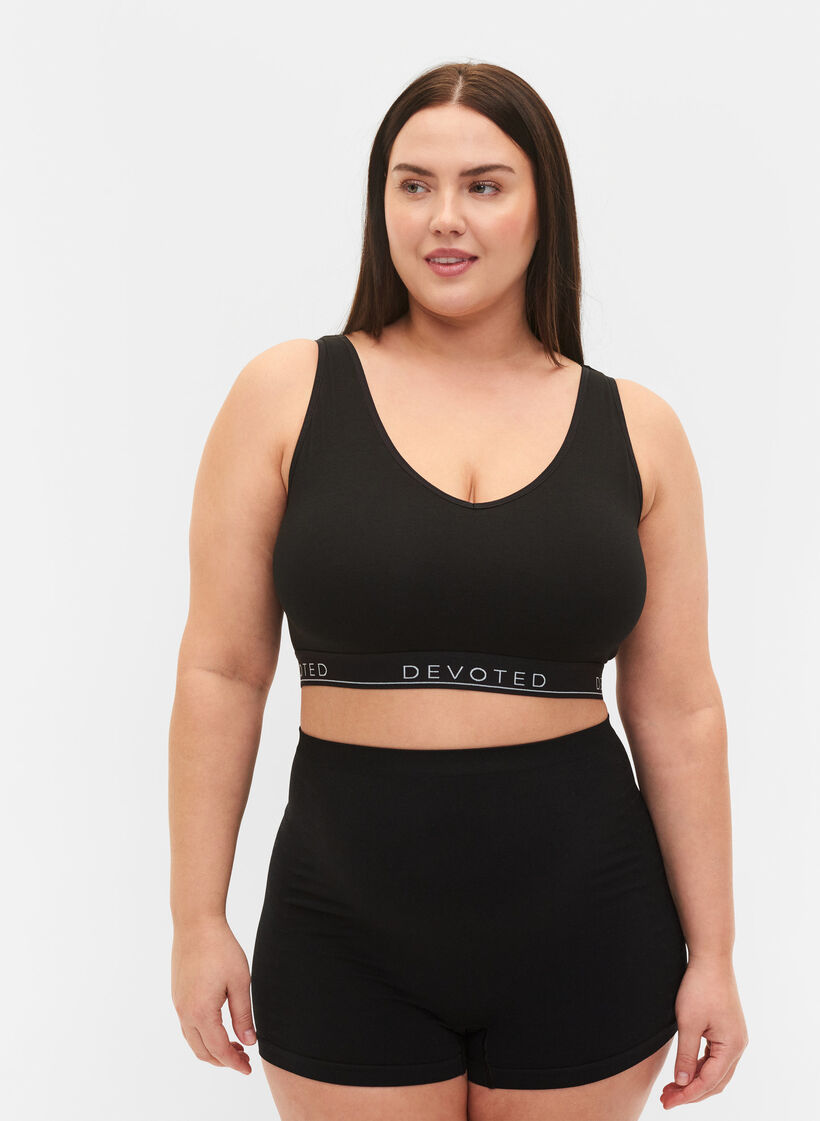Unpadded cotton bra with text print, Black/Upper Font, Model image number 2