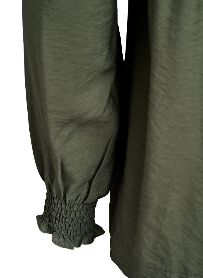 Bluzka wiskozowa ze smockiem i marszczonymi detalami, Zielony, Packshot image number 3