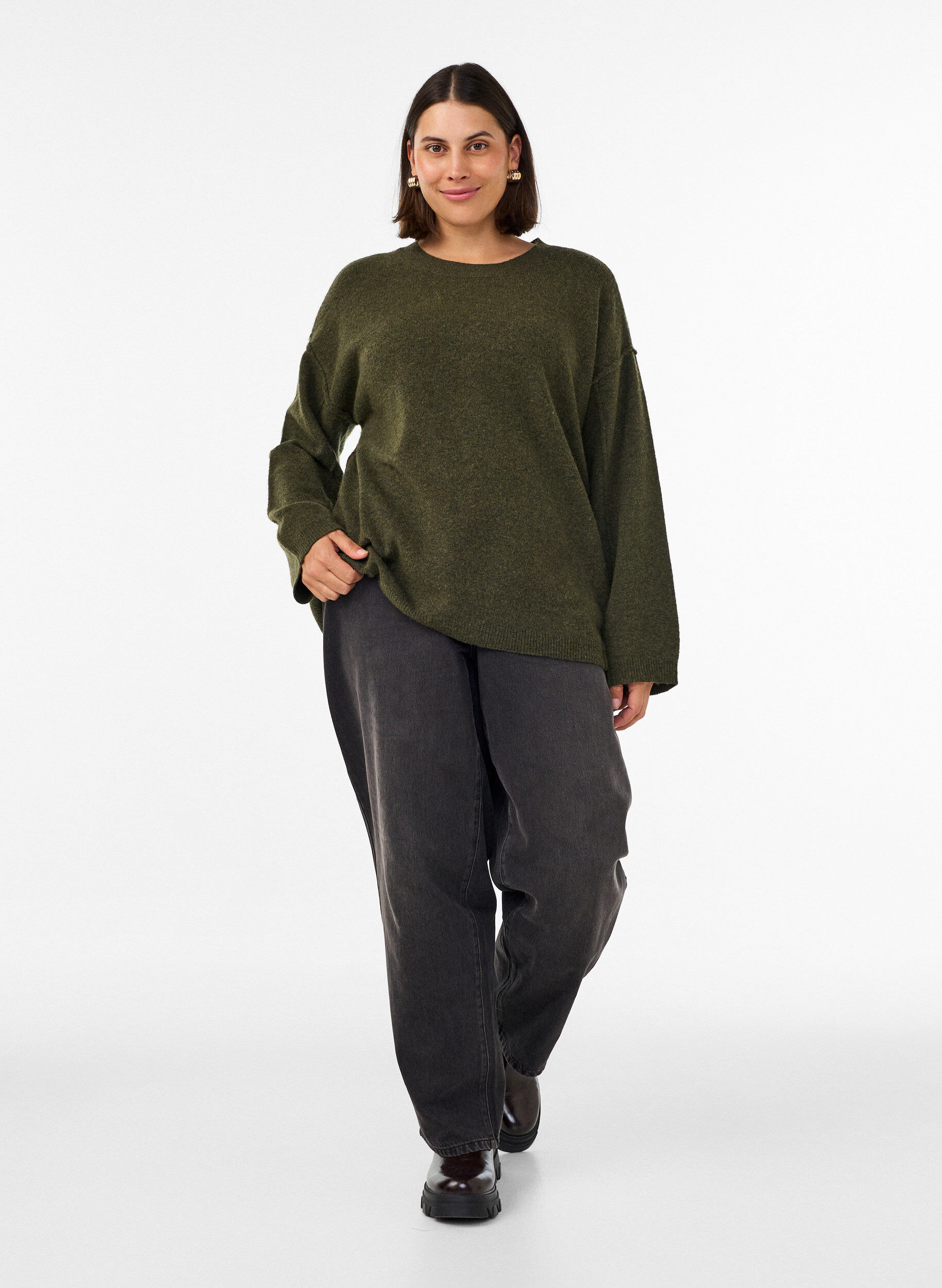 ZizziLuzny dzianinowy sweter z widocznymi szwami, Zielony, Model image number 1