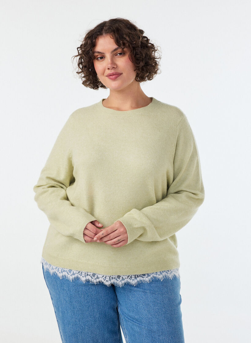 Sweter z dzianiny z koronkowym wykonczeniem u dolu, Zielony, Model image number 0
