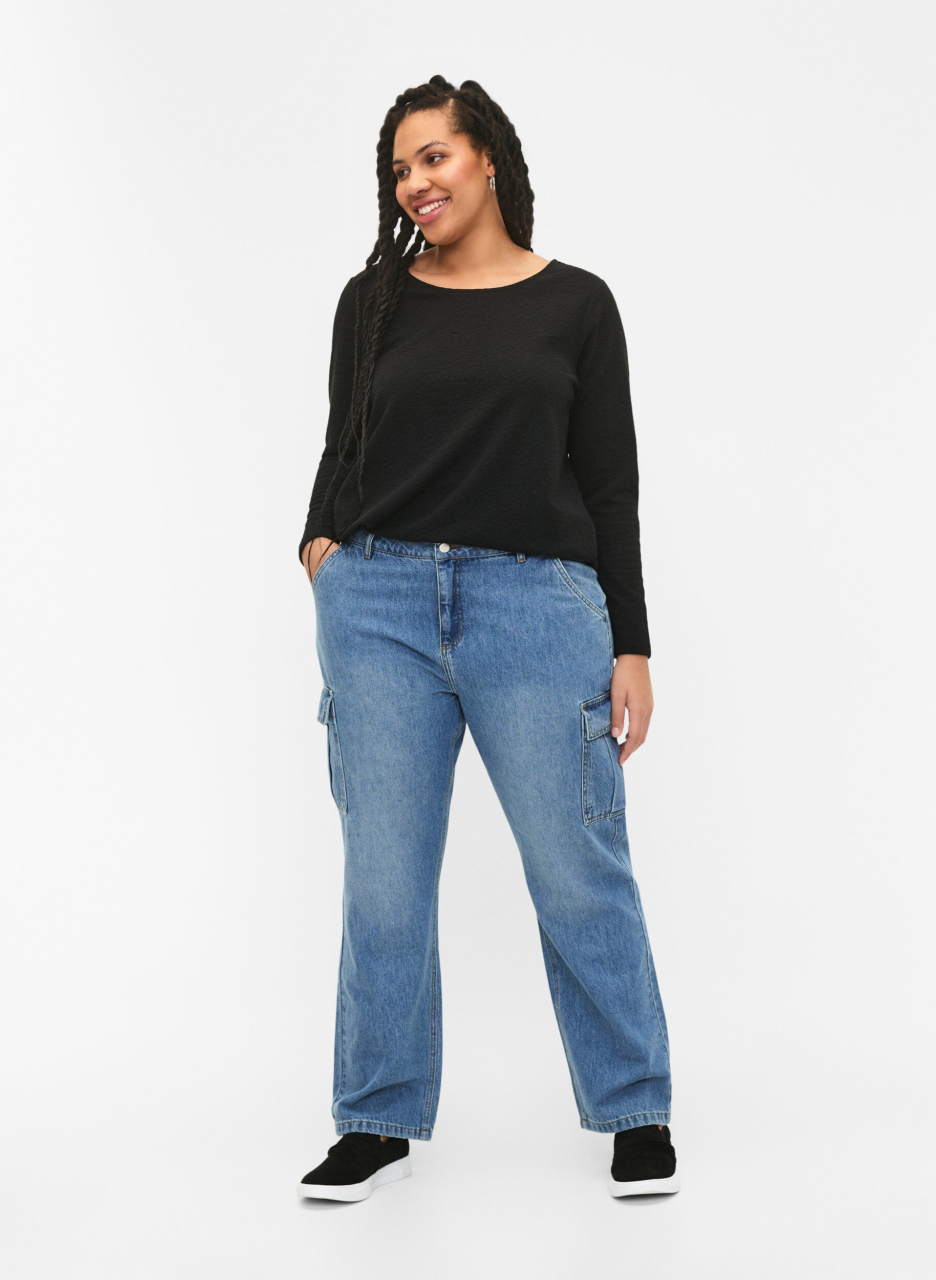 Zizzi Bluzka z dlugim rekawem z faktura, Czarne, Model image number 1