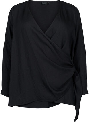 Bluzka z wiskozy w stylu kopertowym z dlugim rekawem, Black, Packshot image number 0